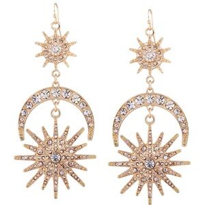 Sun Moon Goldtone Drop Earrings Shiny Rhinestone Ear Hook set